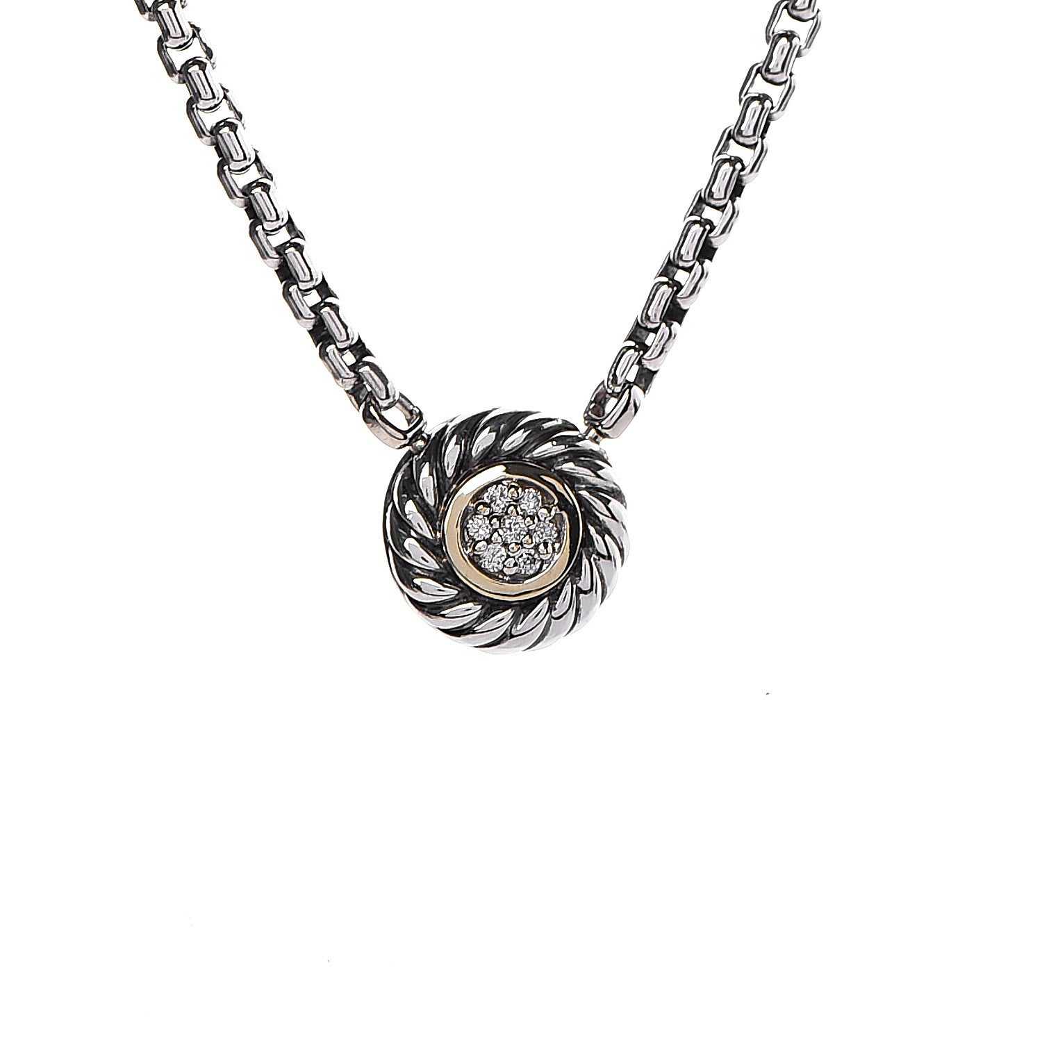 David Yurman Sterling Silver 18K Yellow Gold Diamond 12mm Pave Cookie Necklace 4 of 6