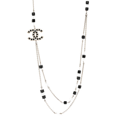 Chanel Crystal Bead CC Long Necklace Silver Black Transparent 1 of 6