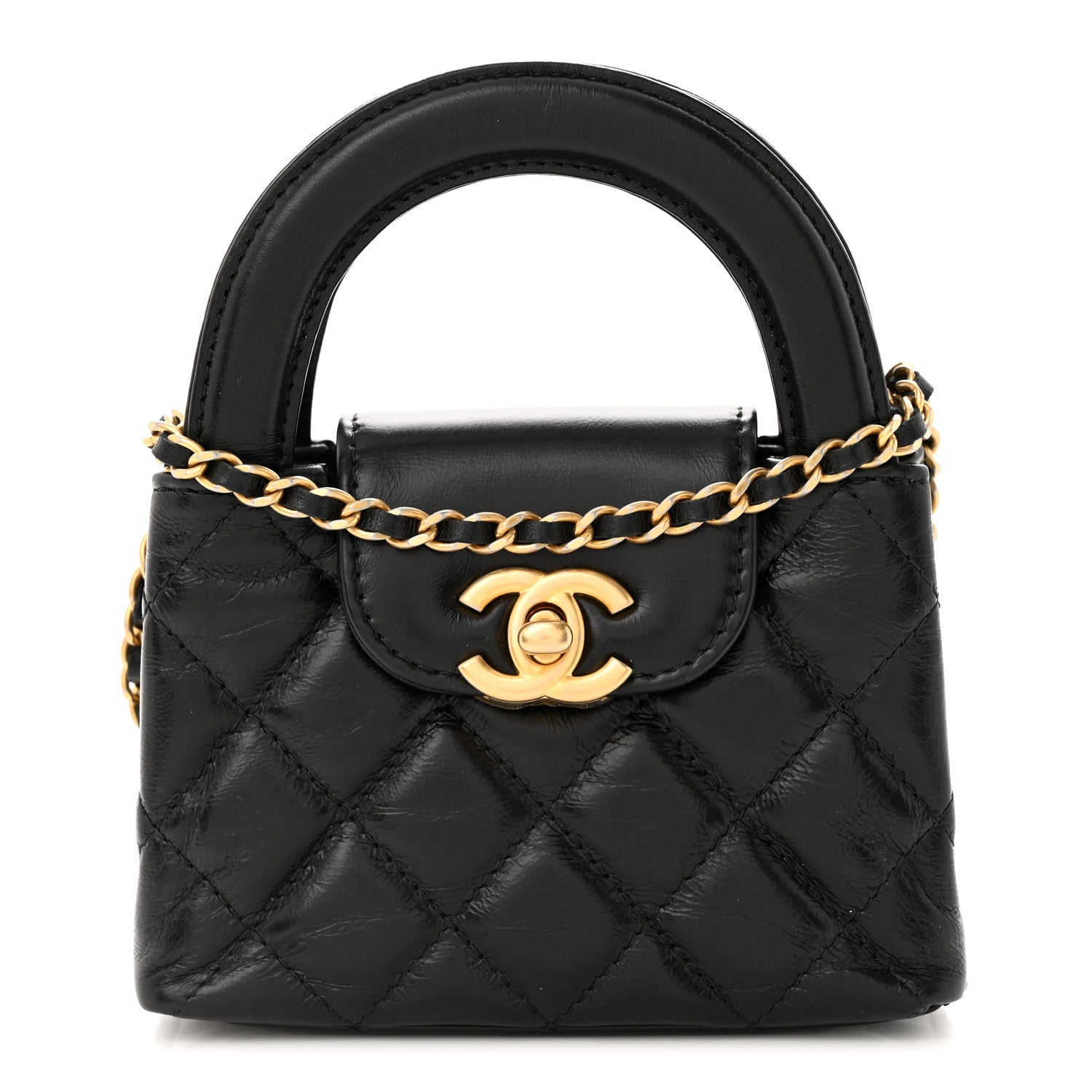 Chanel Shiny Aged Calfskin Quilted Mini Nano Kelly Shopper Black 1 of 11