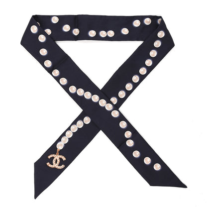 Chanel Silk Pearl CC Slim Bandeau Scarf Navy 1 of 2