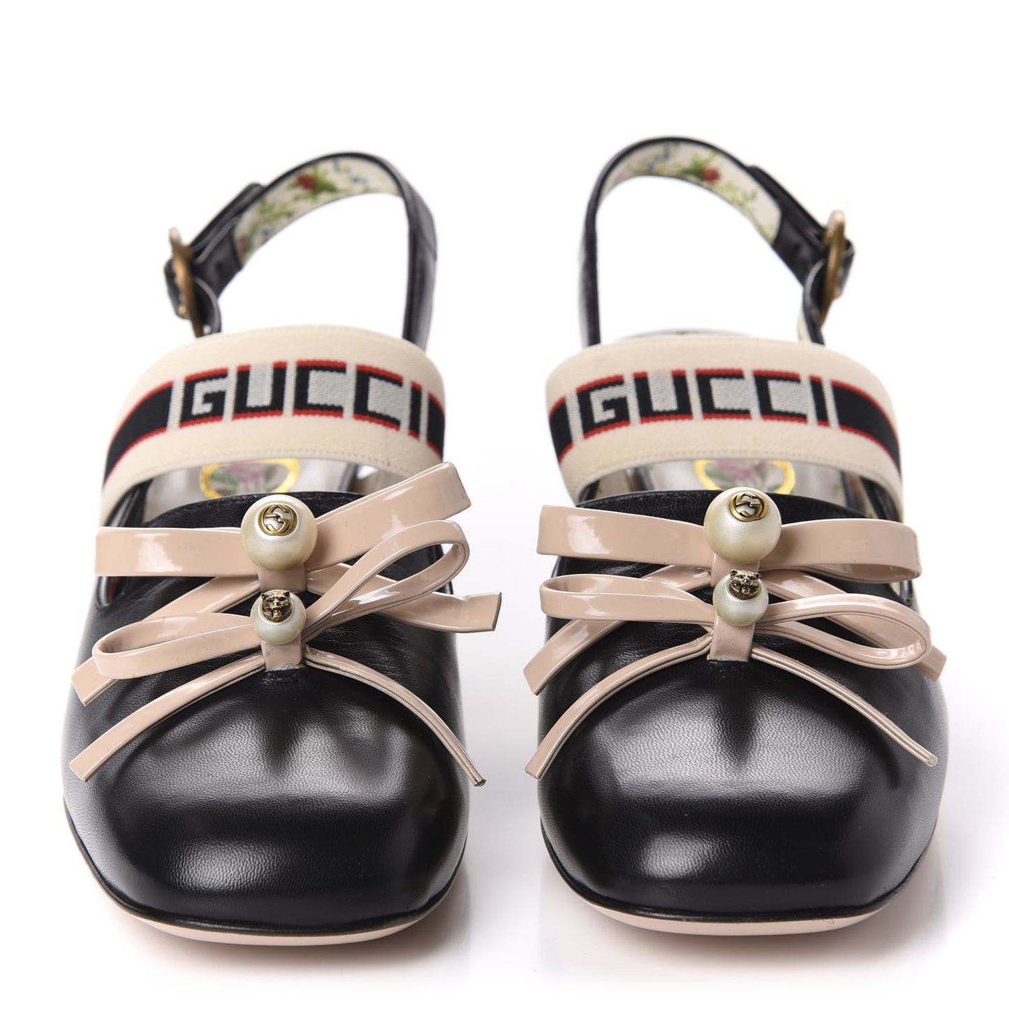 Malaga Kid Bow Ace Stripe Mid Heel Slingback Pumps 36.5 Black