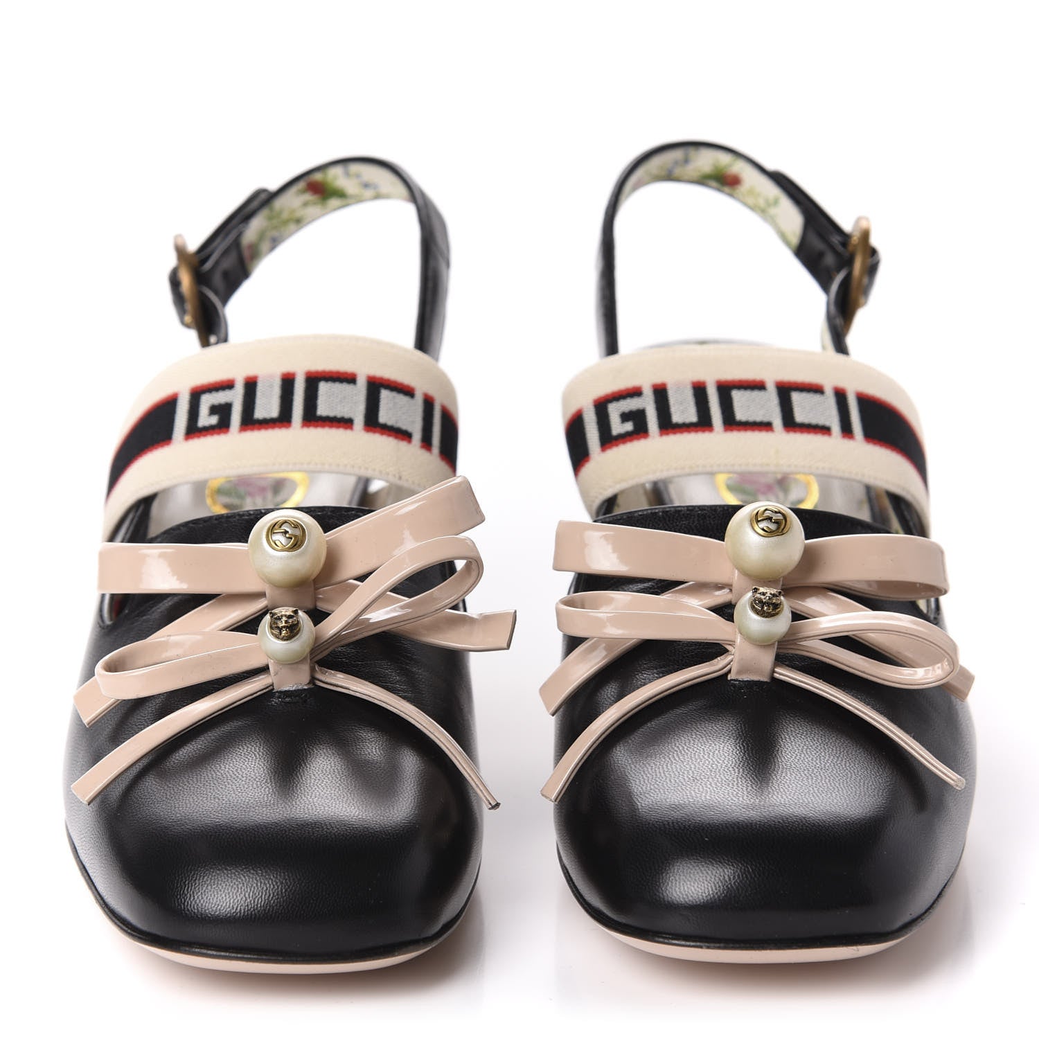 Gucci Malaga Kid Bow Ace Stripe Mid Heel Slingback Pumps 36.5 Black 2 of 11