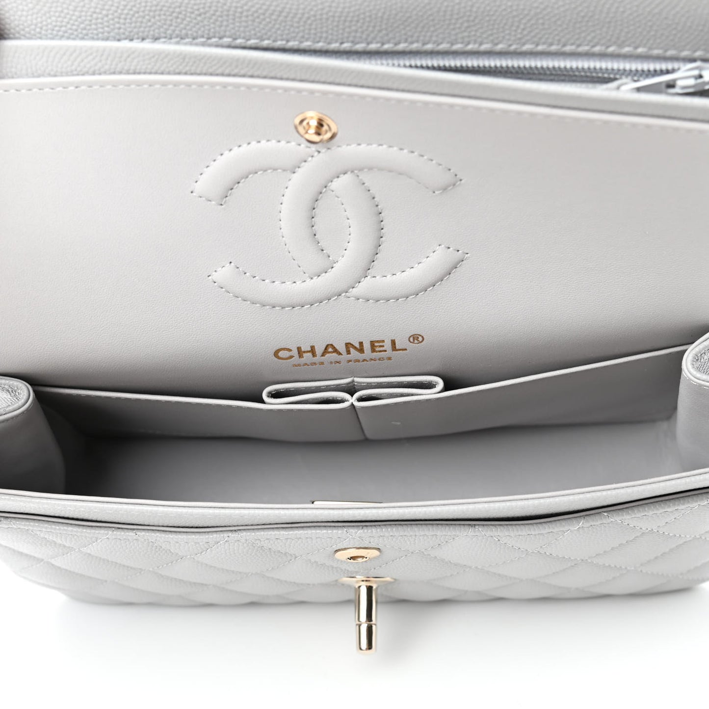 Caviar Quilted Small Double Flap Grey