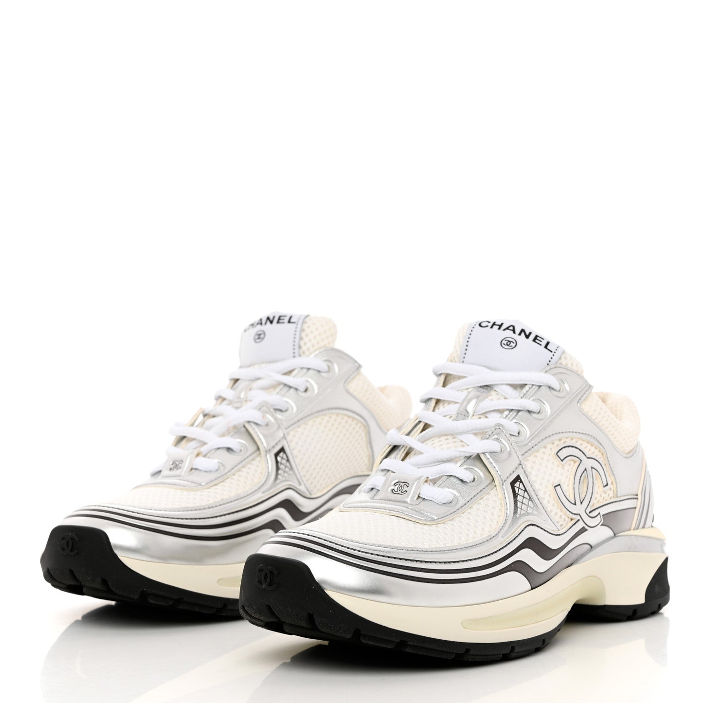 Fabric Laminated Calfskin Stretch CC Sneakers 38 White Silver
