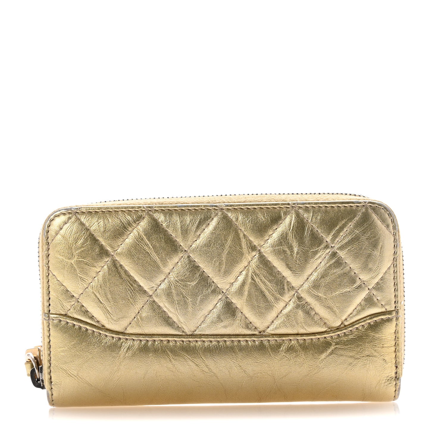 Metallic Aged Calfskin Quilted Small Gabrielle Zip Around Wallet Gold