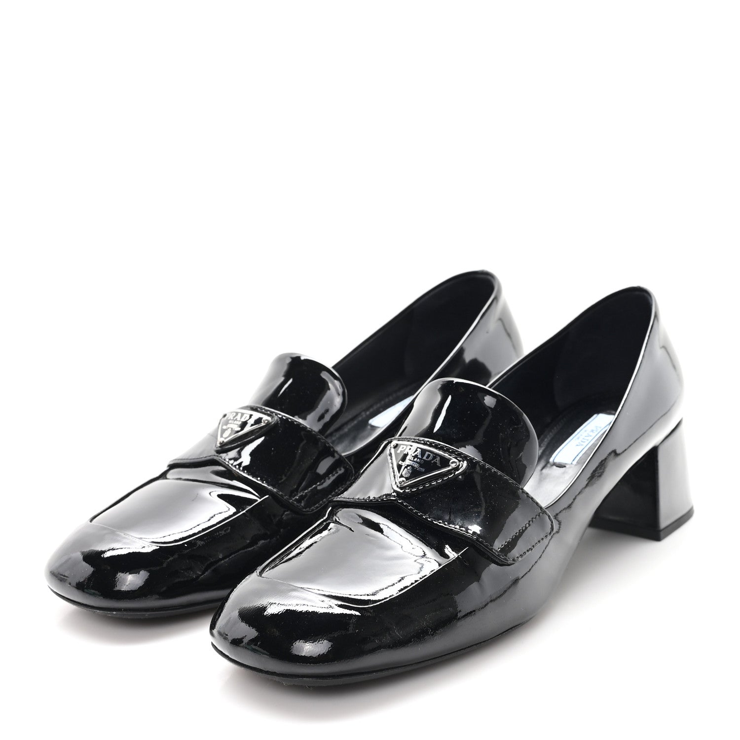 Prada Vernice Metal Triangle Logo 45mm Loafer Pumps 38.5 Black 4 of 10