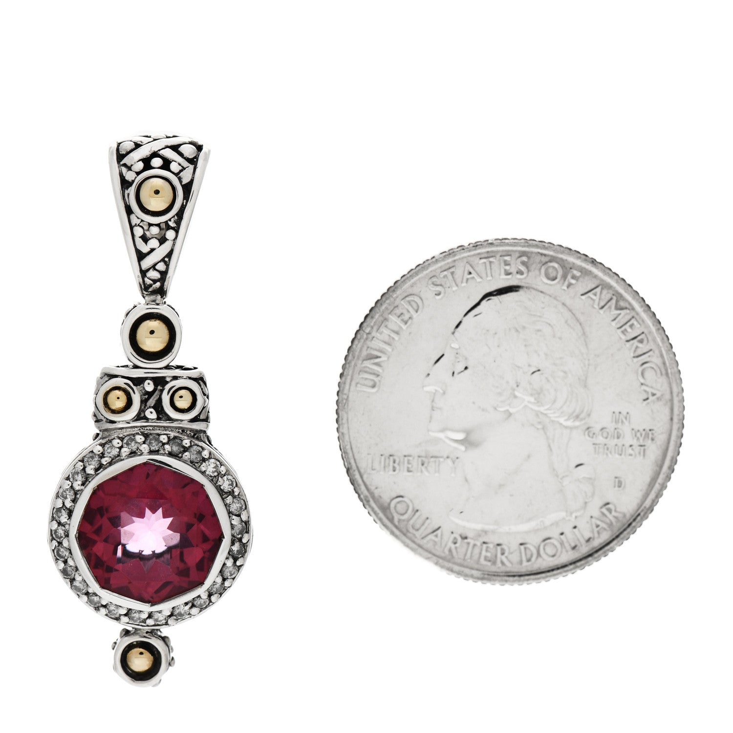 John Hardy Sterling Silver 18K Yellow Gold Pink Topaz Diamond Batu Sari Pendant 2 of 5