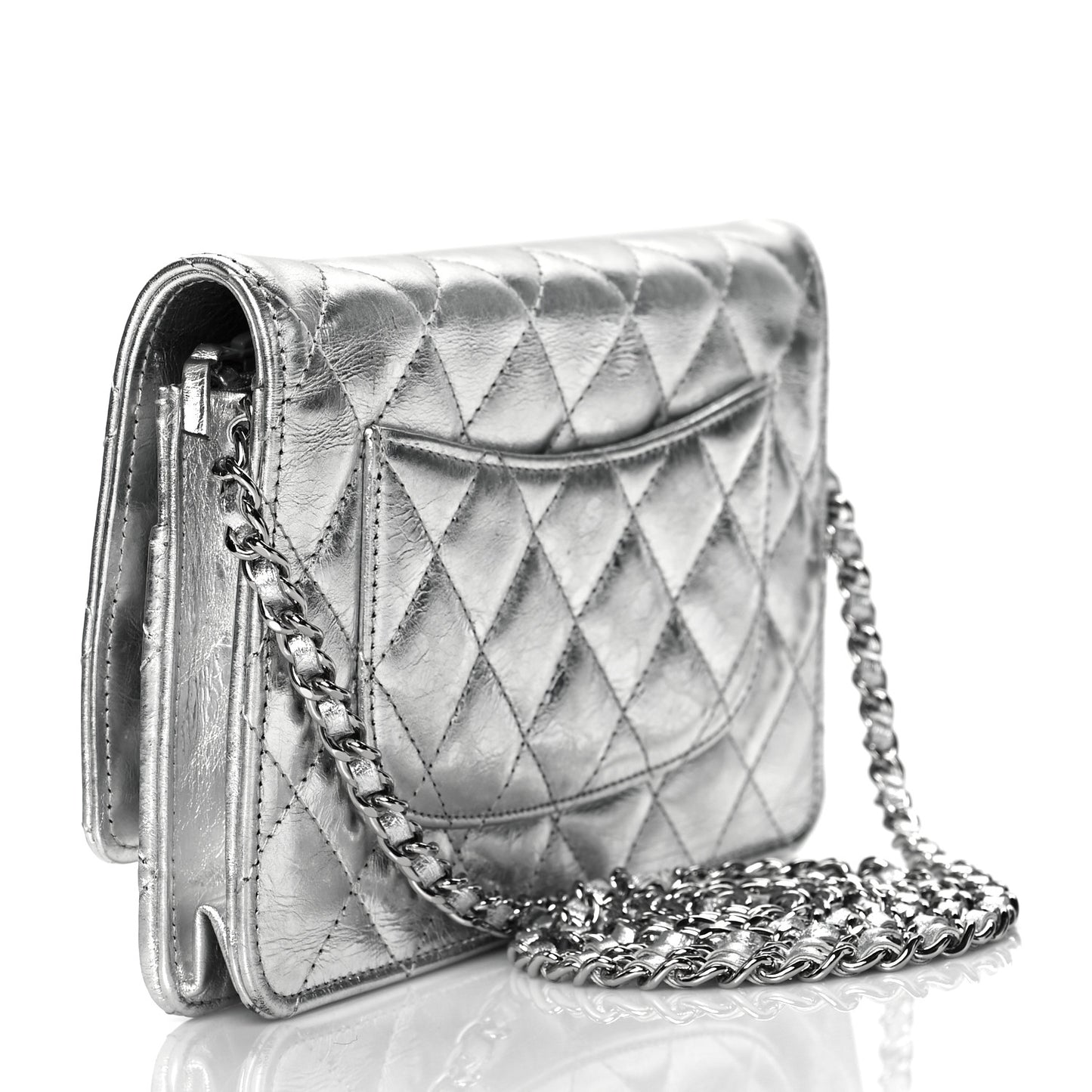 Metallic Aged Calfskin Quilted Reissue Wallet On Chain WOC Silver