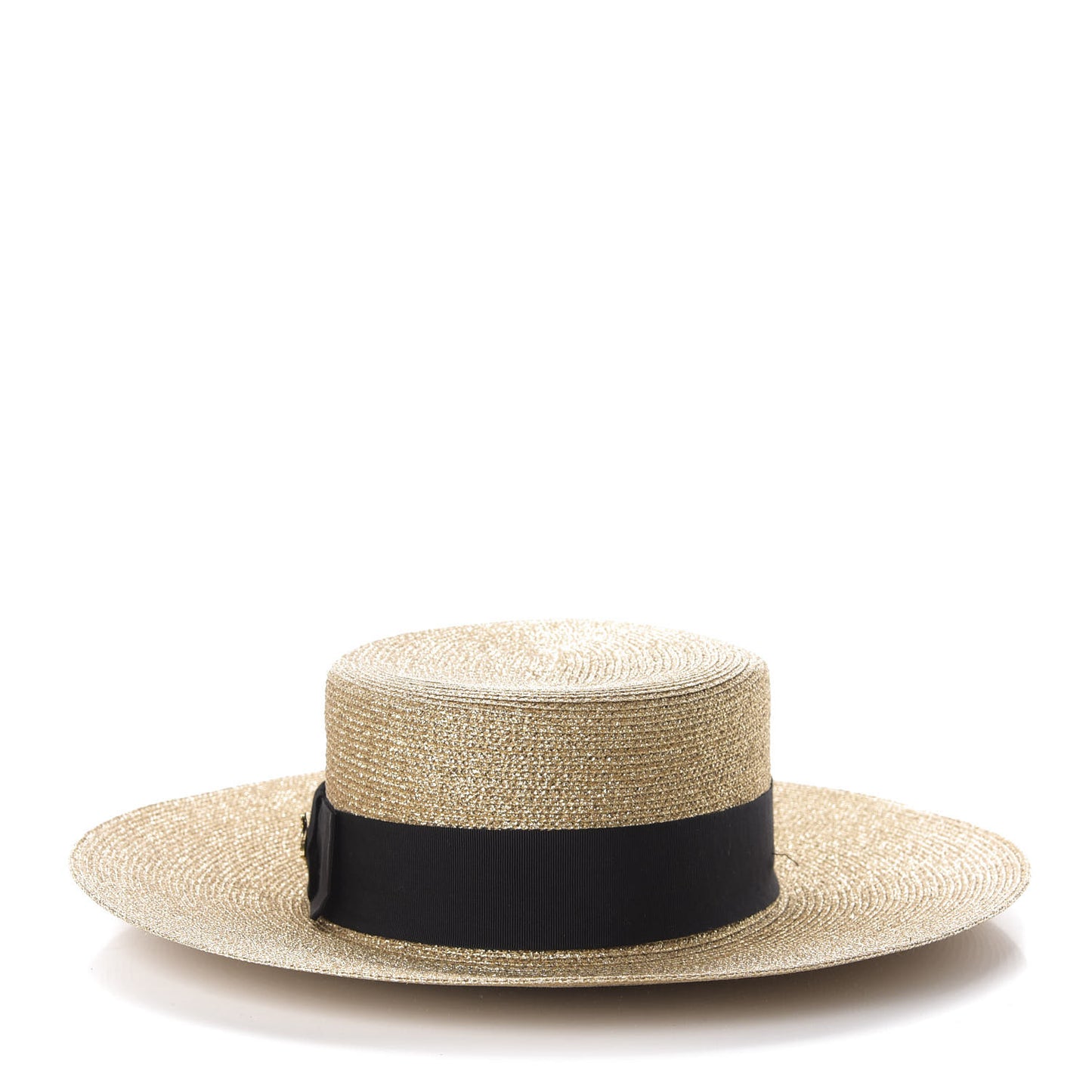 Glittered Straw Grosgrain Wide Brim Hat L Gold Black