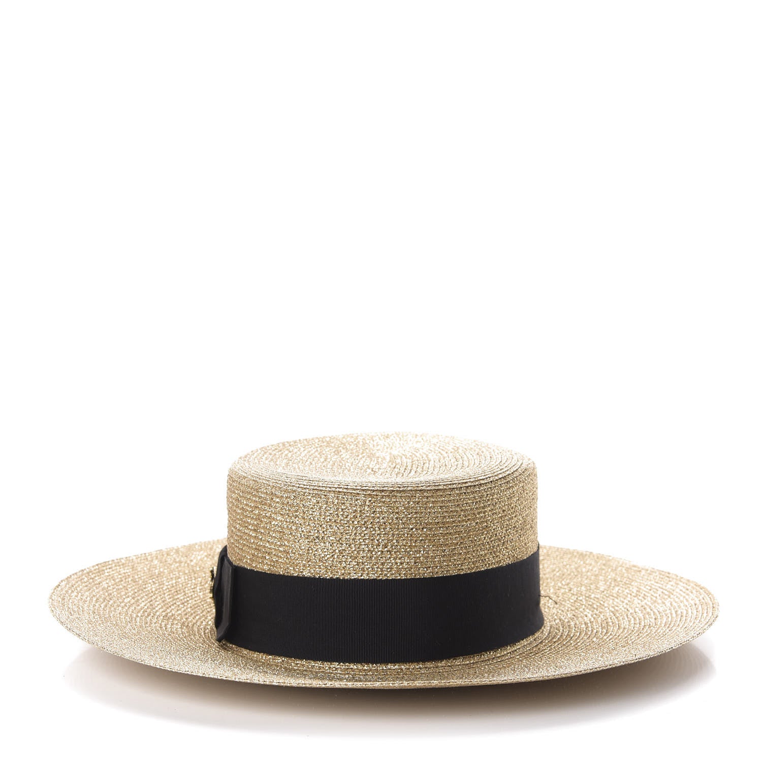 Gucci Glittered Straw Grosgrain Wide Brim Hat L Gold Black 3 of 10