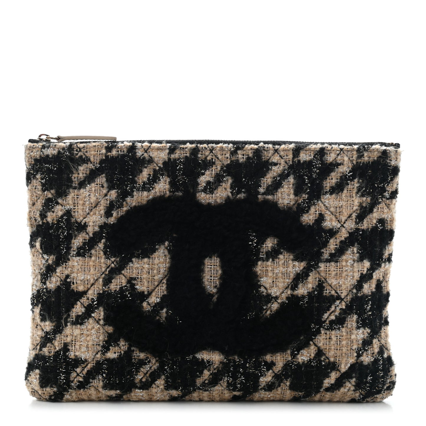 Tweed Shearling Quilted Chanel Cosmetic Pouch Beige Black