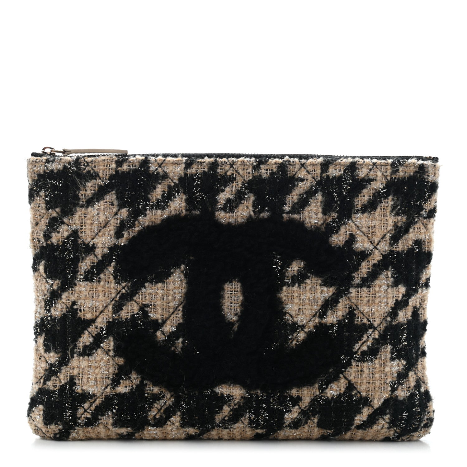Chanel Tweed Shearling Quilted Chanel Cosmetic Pouch Beige Black 1 of 10