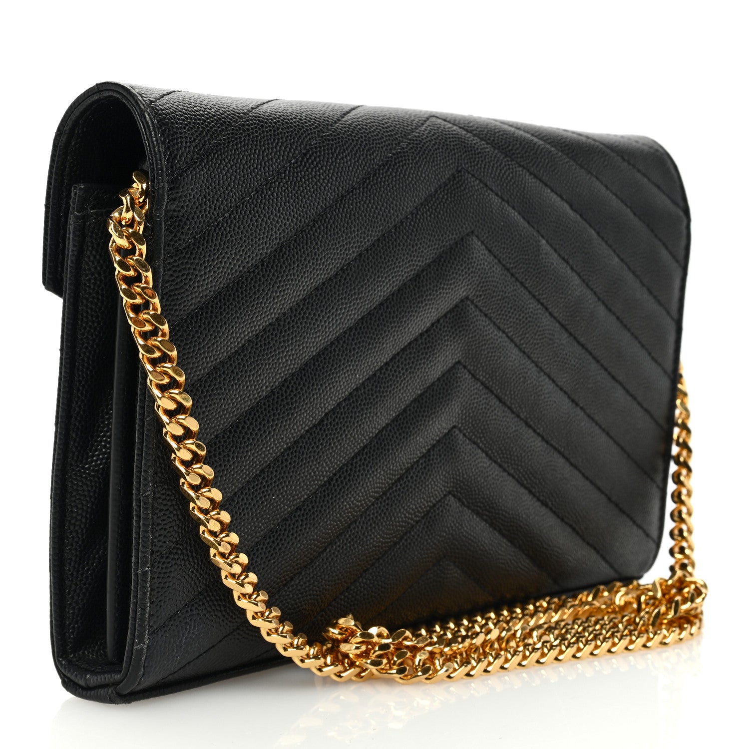 Saint Laurent Grain De Poudre Matelasse Chevron Monogram Chain Wallet Black 3 of 9