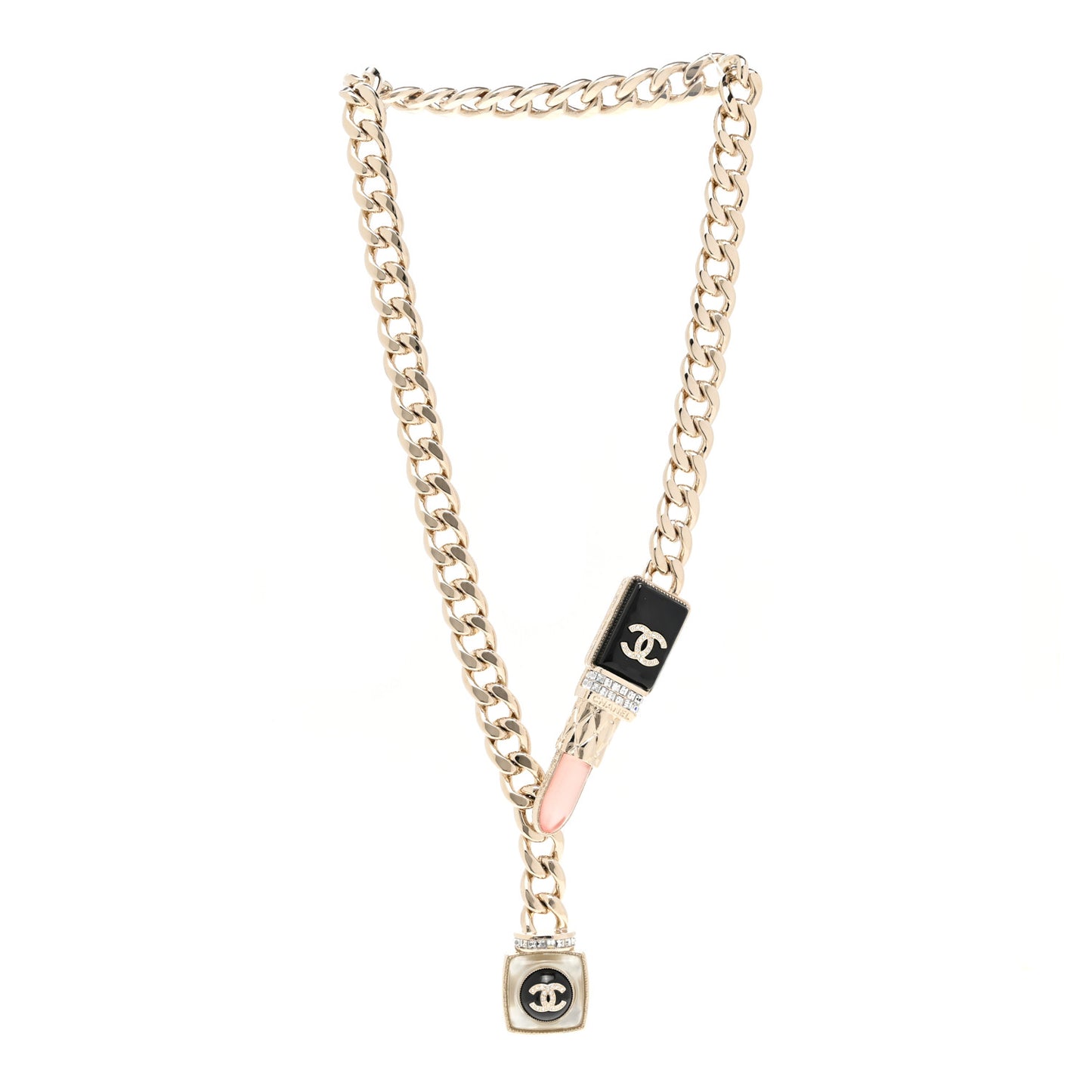 Metal Strass Pearl Lipstick Necklace Pink Gold