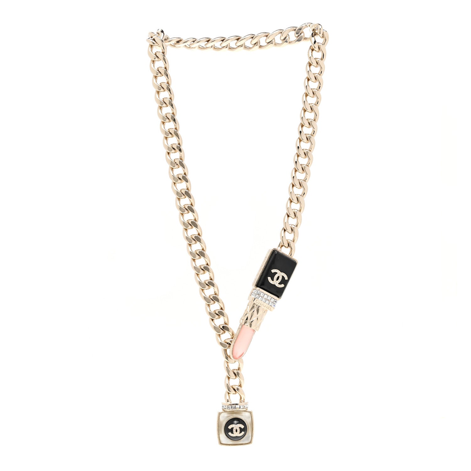 Chanel Metal Strass Pearl Lipstick Necklace Pink Gold 3 of 6