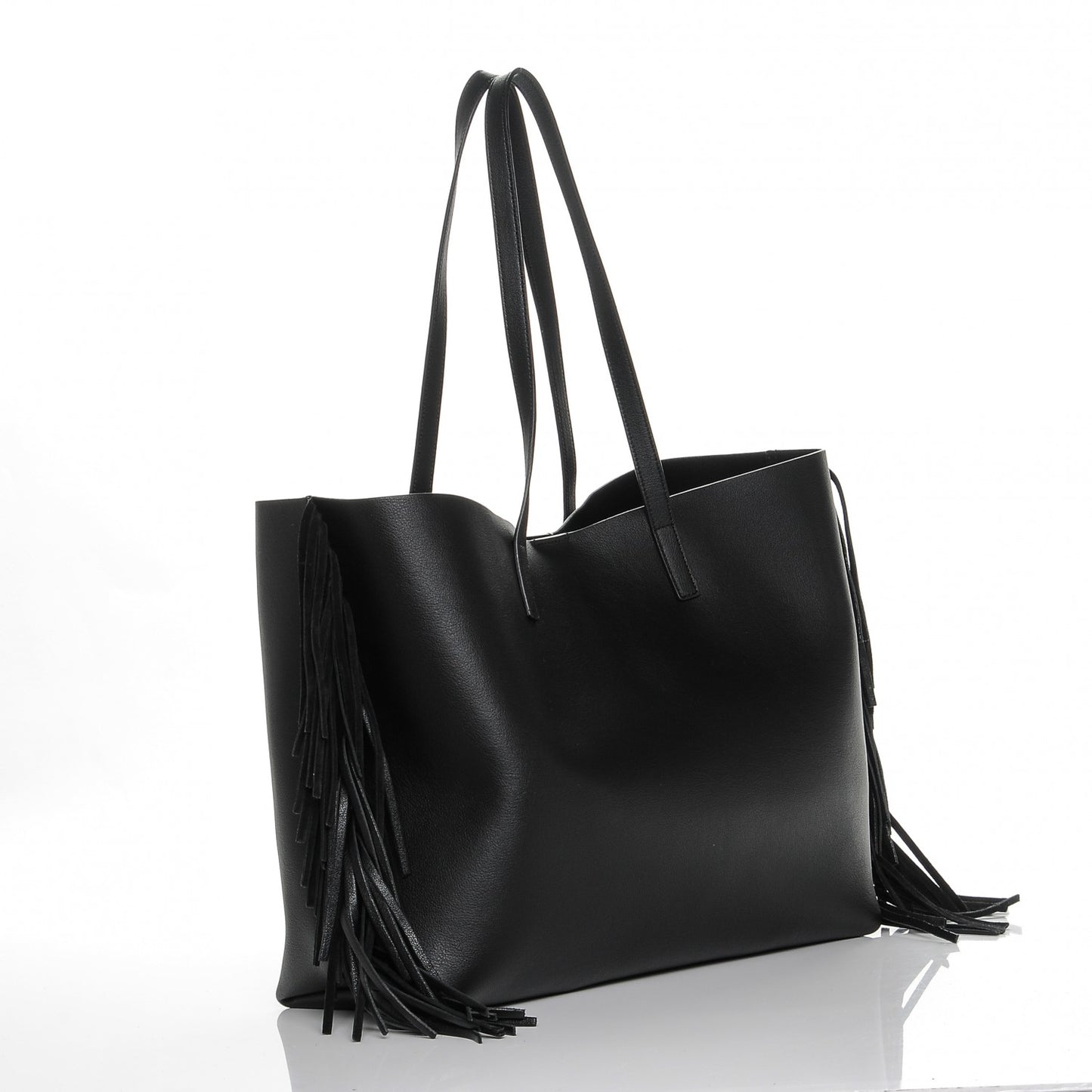 Calfskin Large Fringe Shopping Tote Black