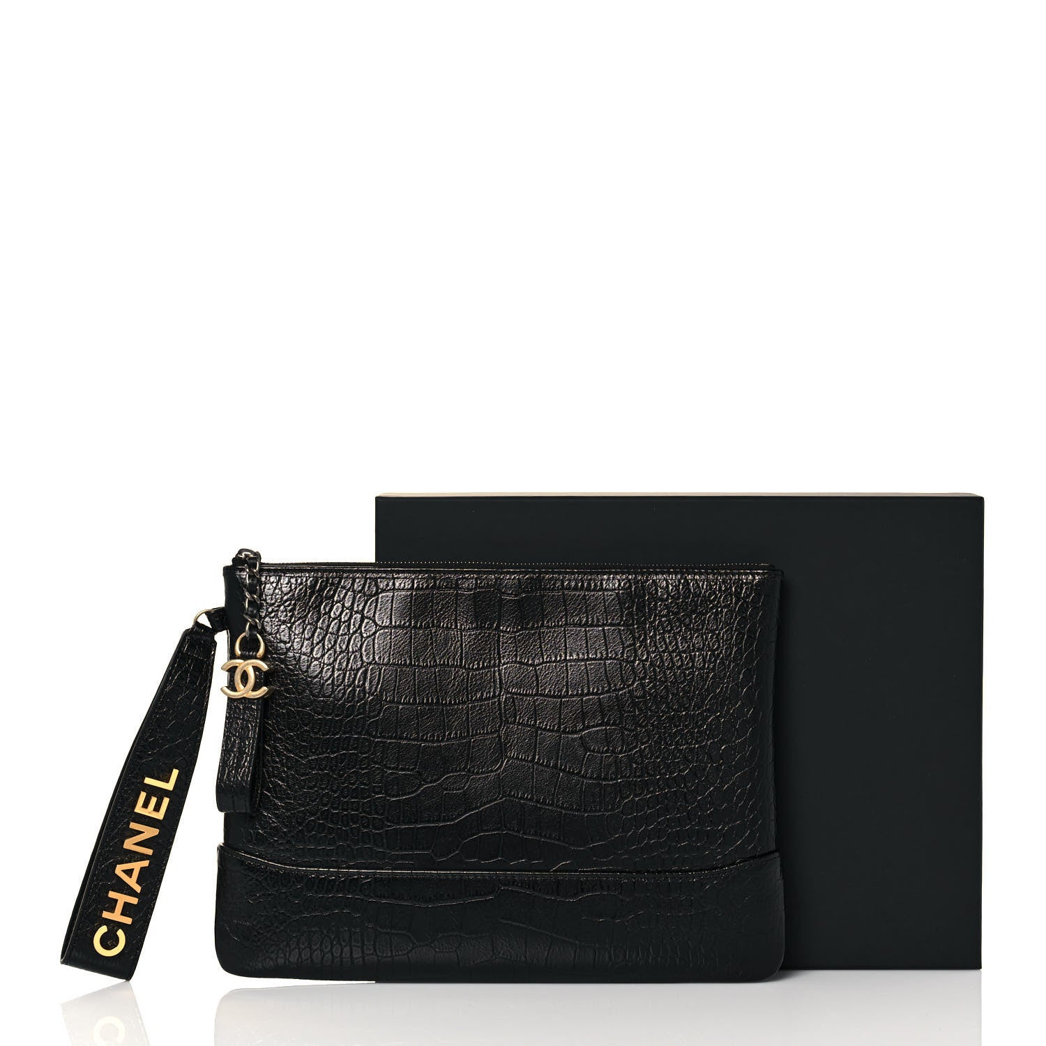 Chanel Calfskin Crocodile Embossed Quilted Medium Gabrielle Cosmetic Case Black 13 of 13