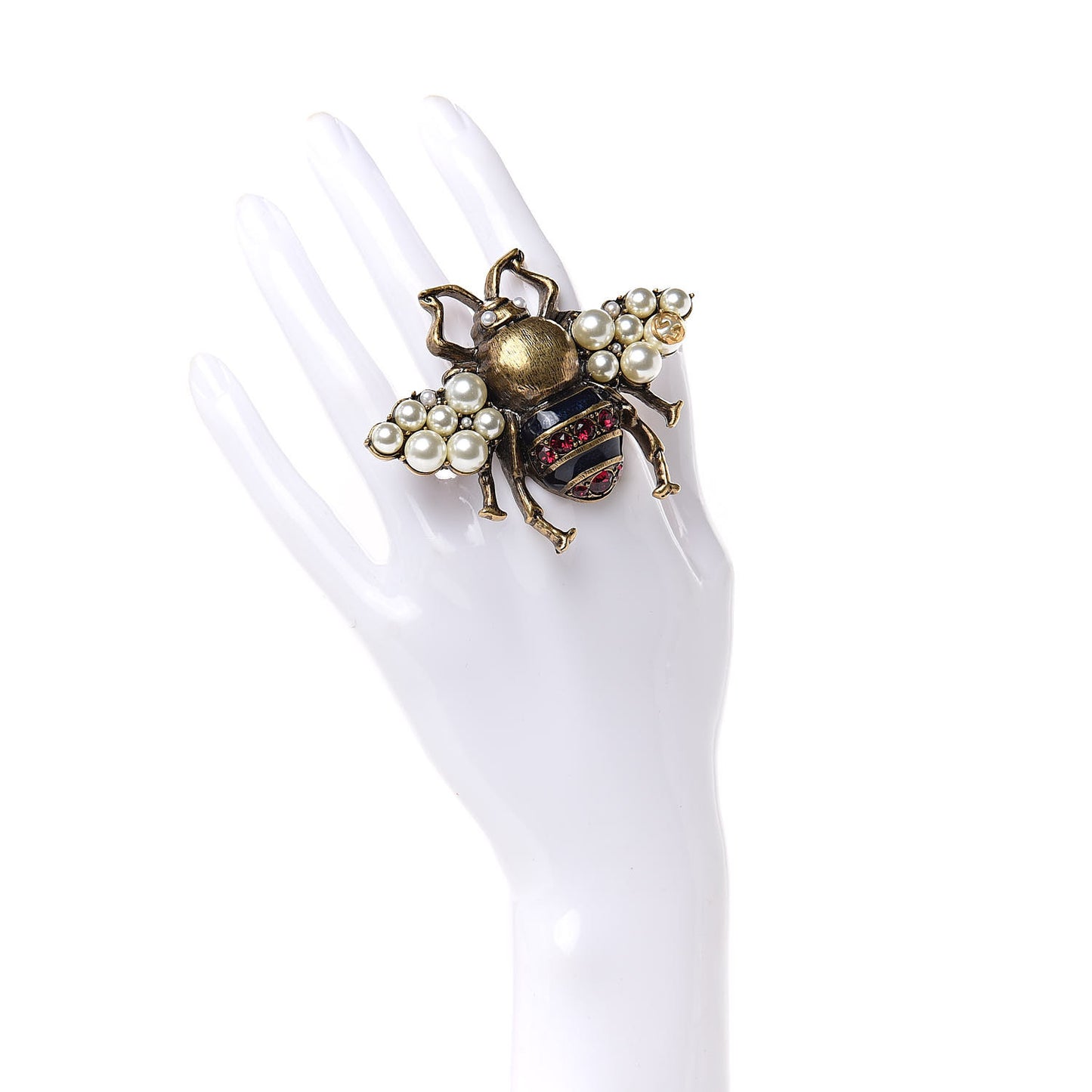 Crystal Pearl Enamel Bee Multifinger Ring Ruby