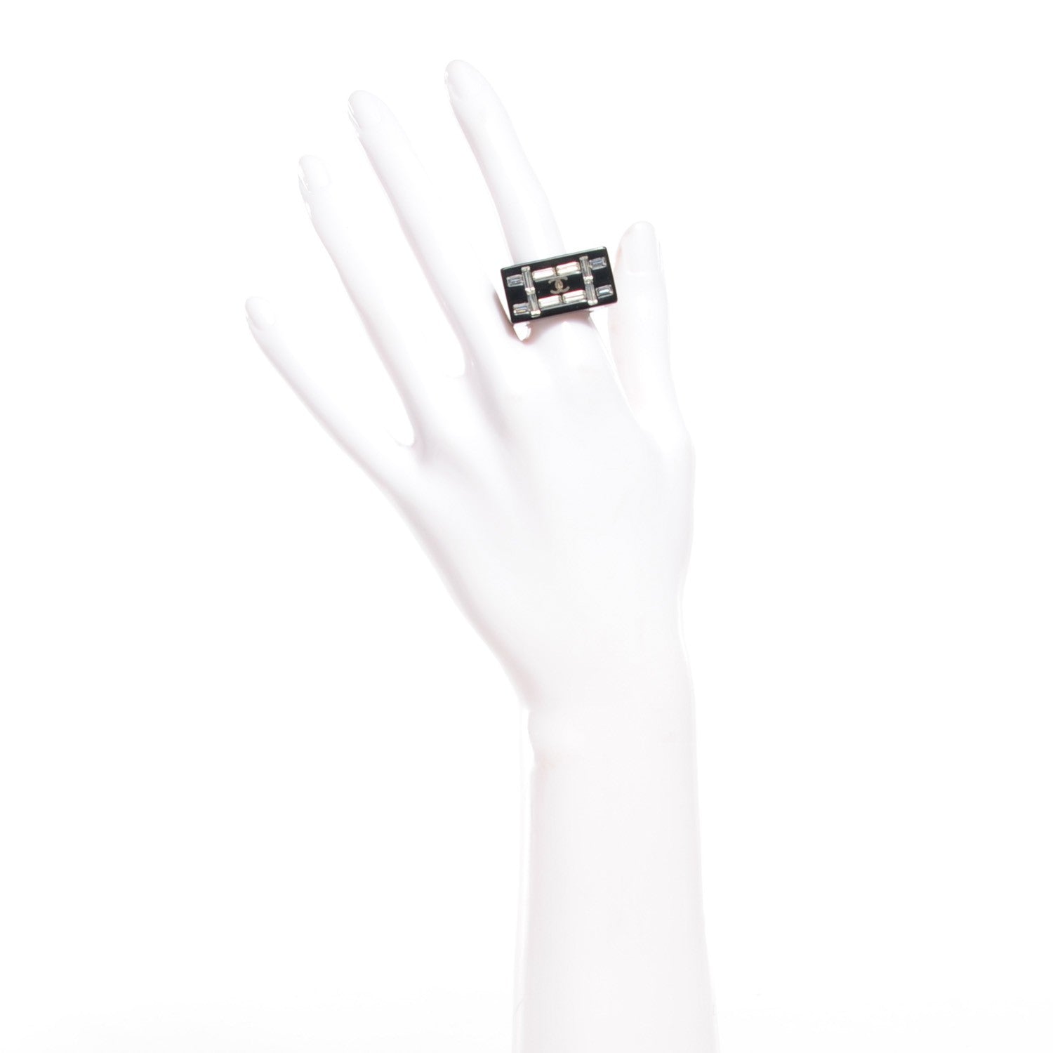 Chanel Resin Crystal Baguette CC Ring Black 6.5 2 of 5