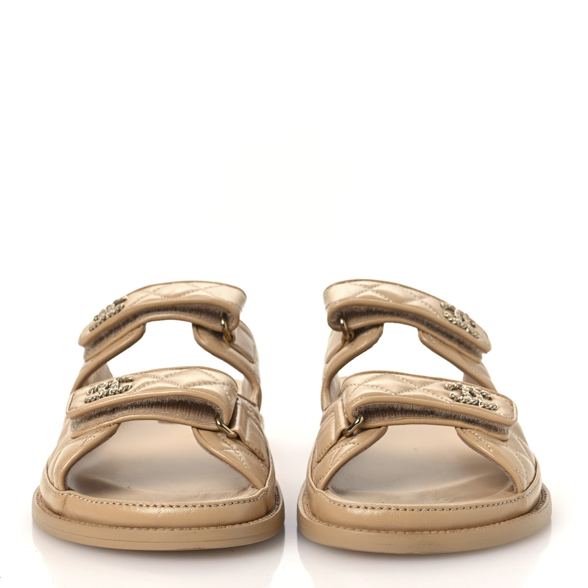 Lambskin Quilted Velcro Dad Chain CC Slide Sandals 40.5 Beige
