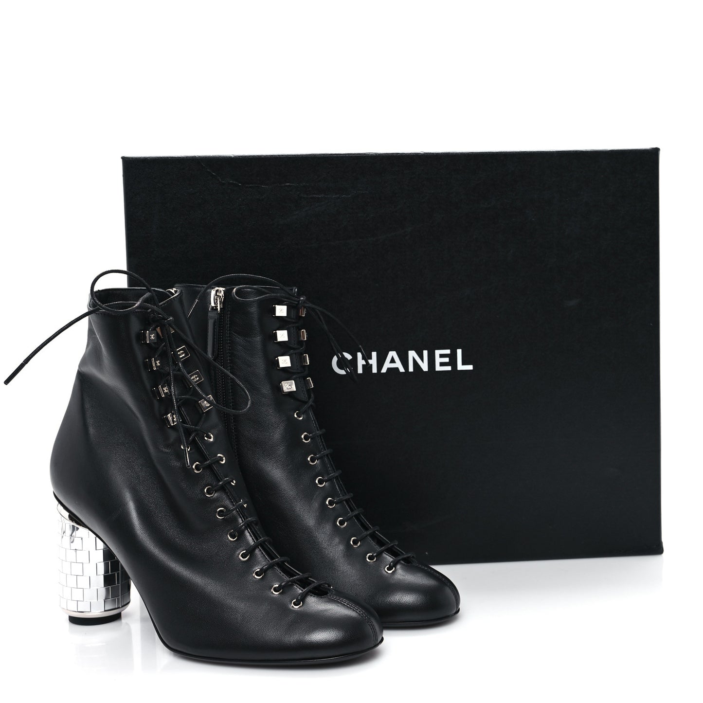Lambskin Metallic Heel Lace Up Boots 38 Black