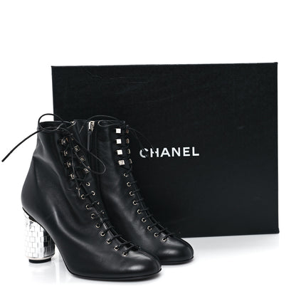 Chanel Lambskin Metallic Heel Lace Up Boots 38 Black 10 of 10
