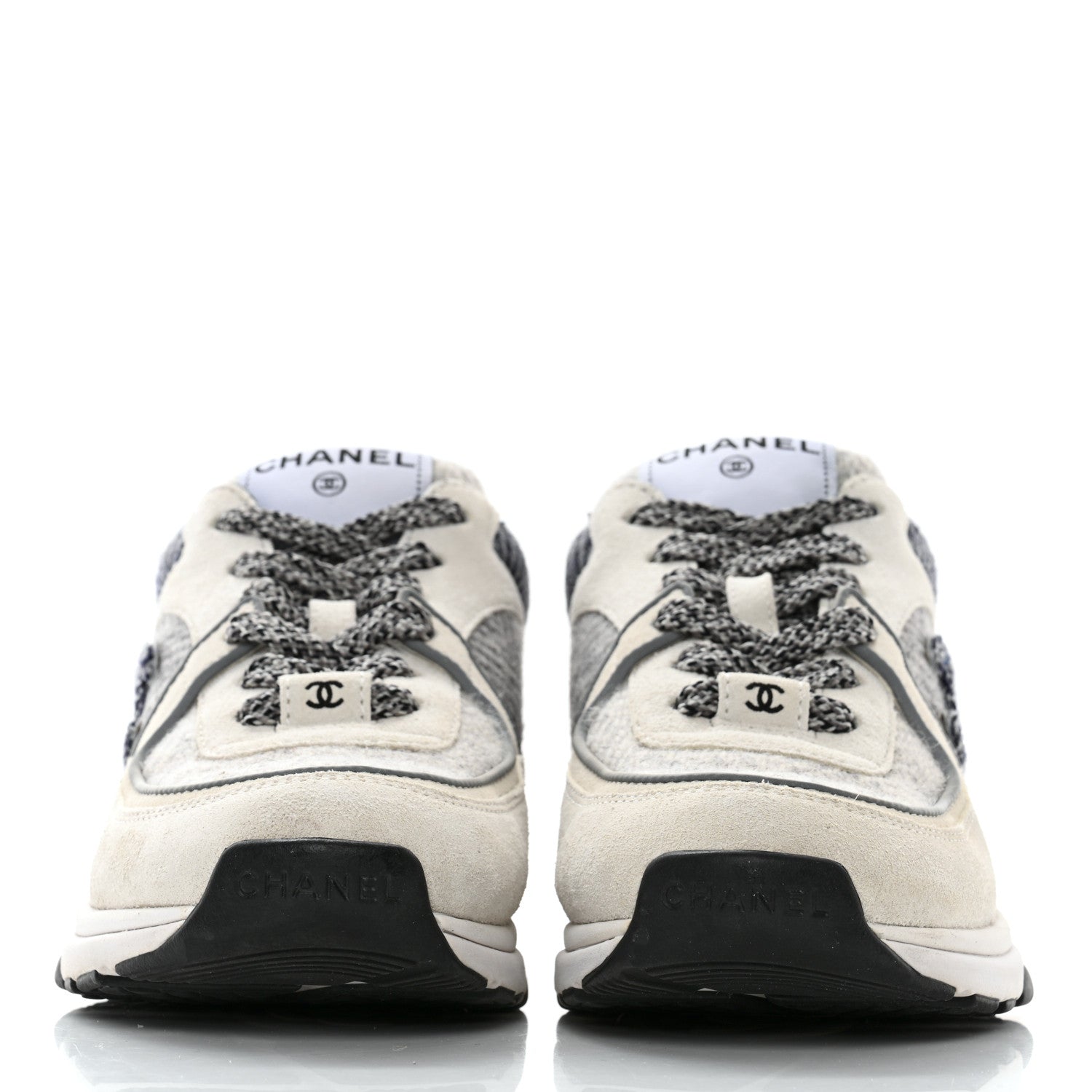 Chanel Fabric Suede Calfskin Womens CC Sneakers 36.5 Ivory Light Gray White 2 of 11