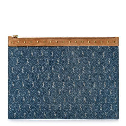 Saint Laurent Denim Suede All-Over Monogram Pouch Blue 1 of 9