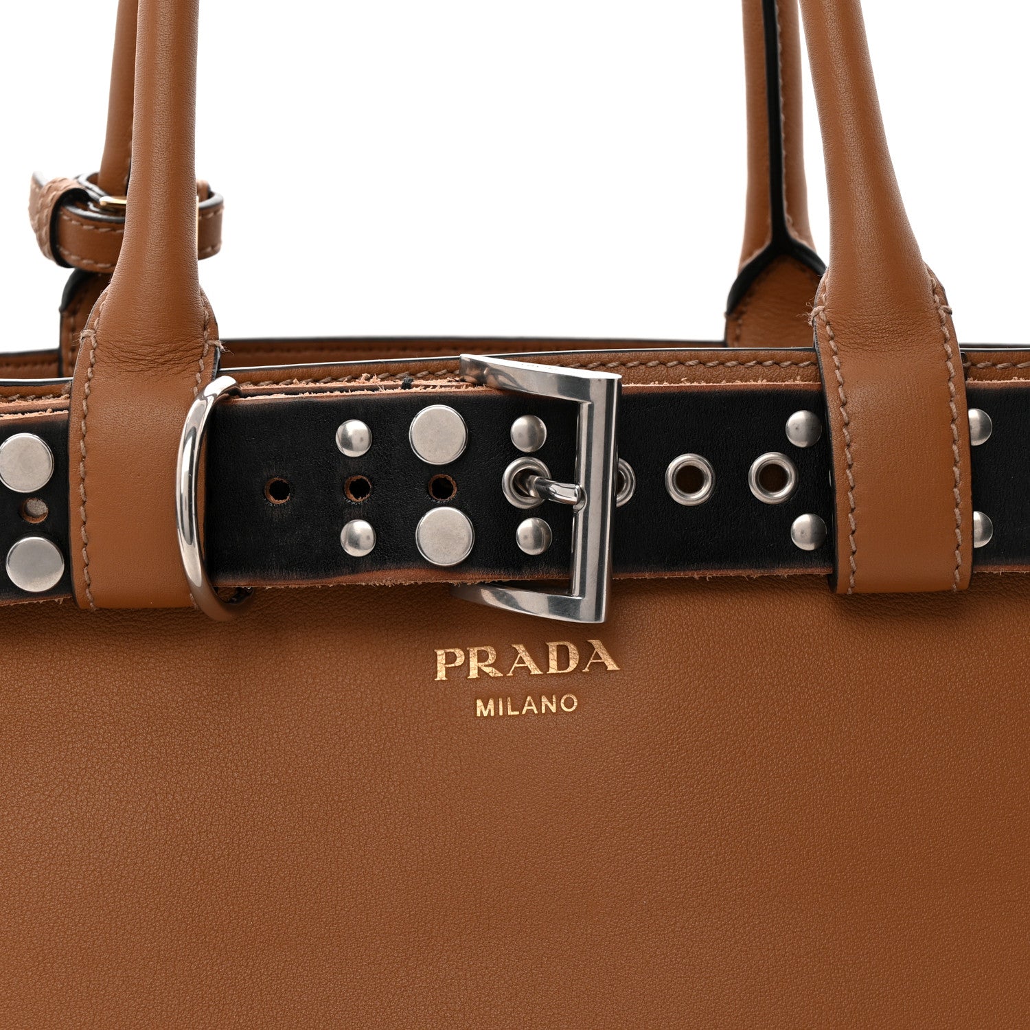 Prada Soft Grain Calfskin Studded Large Buckle Bag With Belt Caramel Black 8 of 10