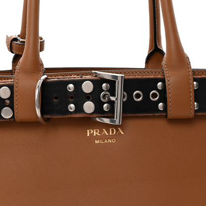 Prada Soft Grain Calfskin Studded Large Buckle Bag With Belt Caramel Black 8 of 10