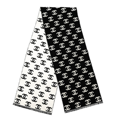 Chanel Wool Cashmere CC Scarf Black White 2 of 3