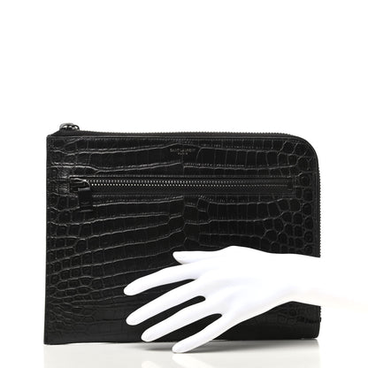 Saint Laurent Calfskin Crocodile Embossed iPad Case Black 2 of 7