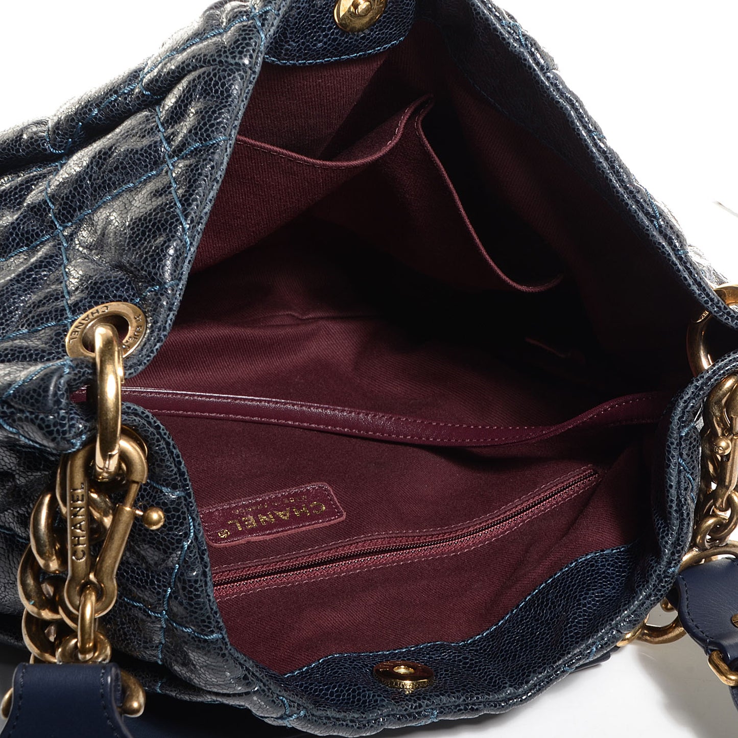 Crumpled Grained Calfskin Coco Pleats Hobo Dark Blue