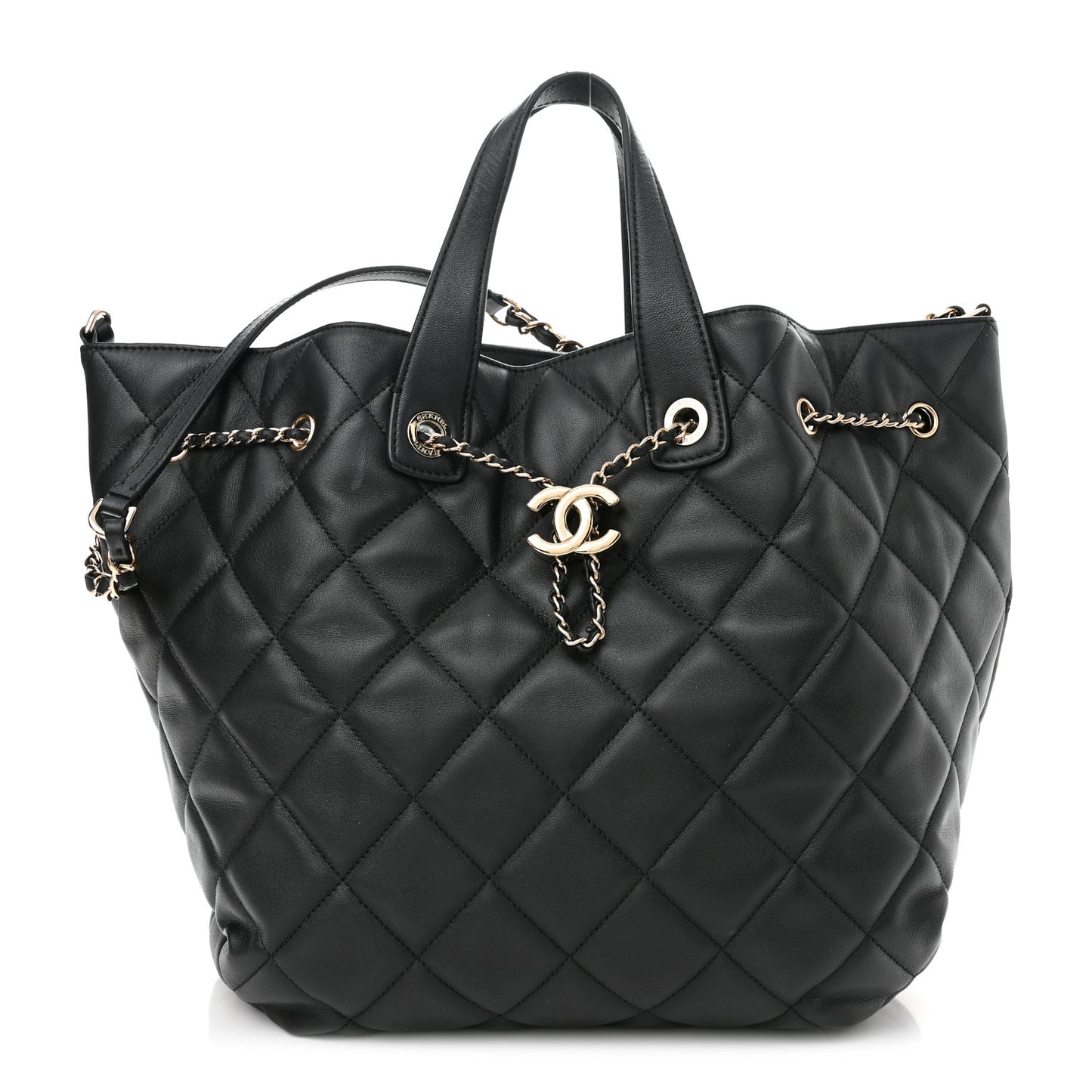 Lambskin Quilted CC Dweller Drawstring Tote Black