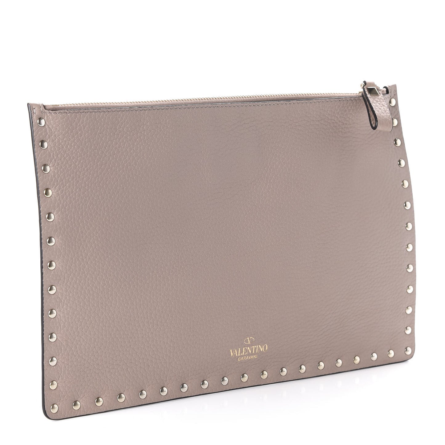 Pebbled Calfskin Large Rockstud Zip Pouch Poudre