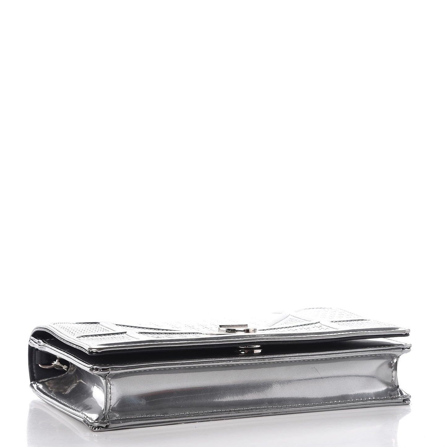 Metallic Patent Micro-Cannage Diorama Wallet on Chain Pouch Silver
