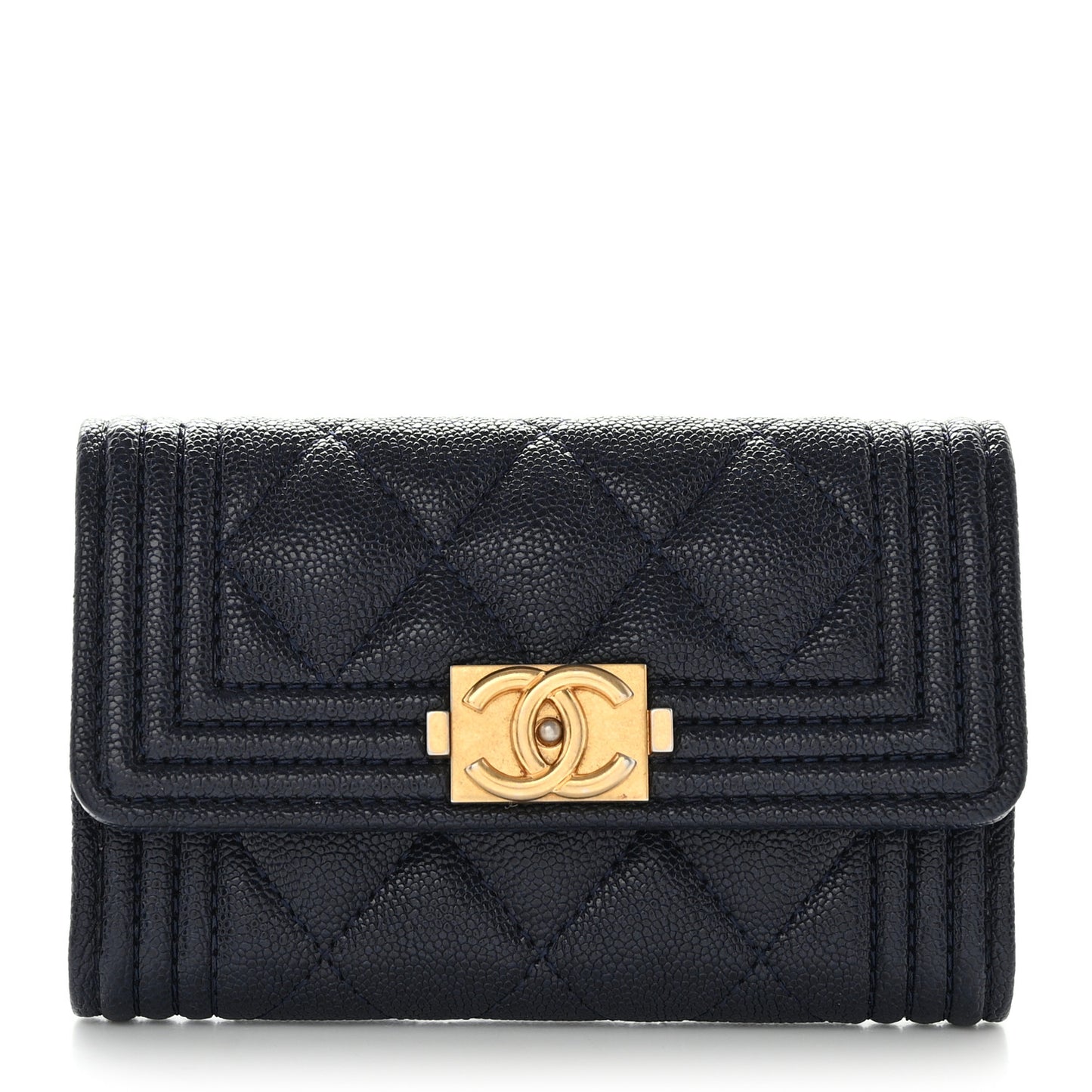 Caviar Quilted Boy Flap Card Holder Navy