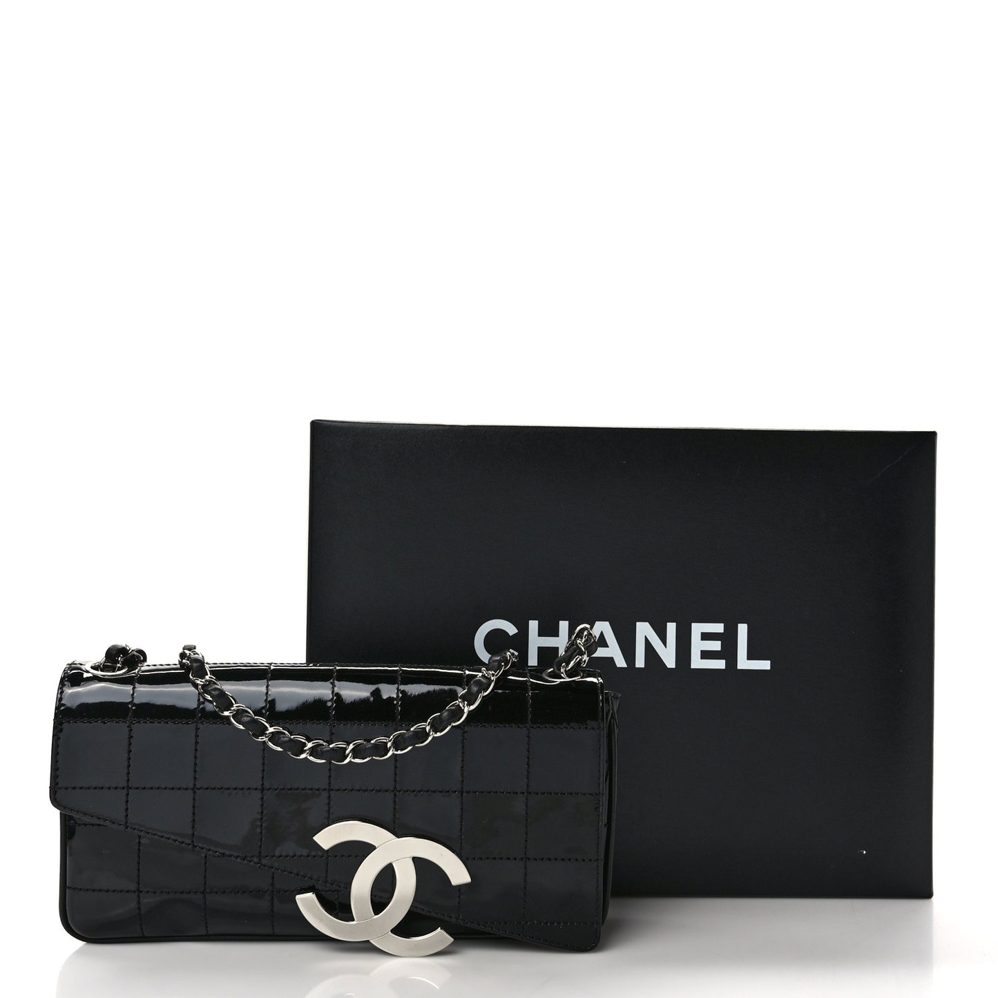 Patent Quilted Diagonal CC East West Chocolate Bar Flap Black