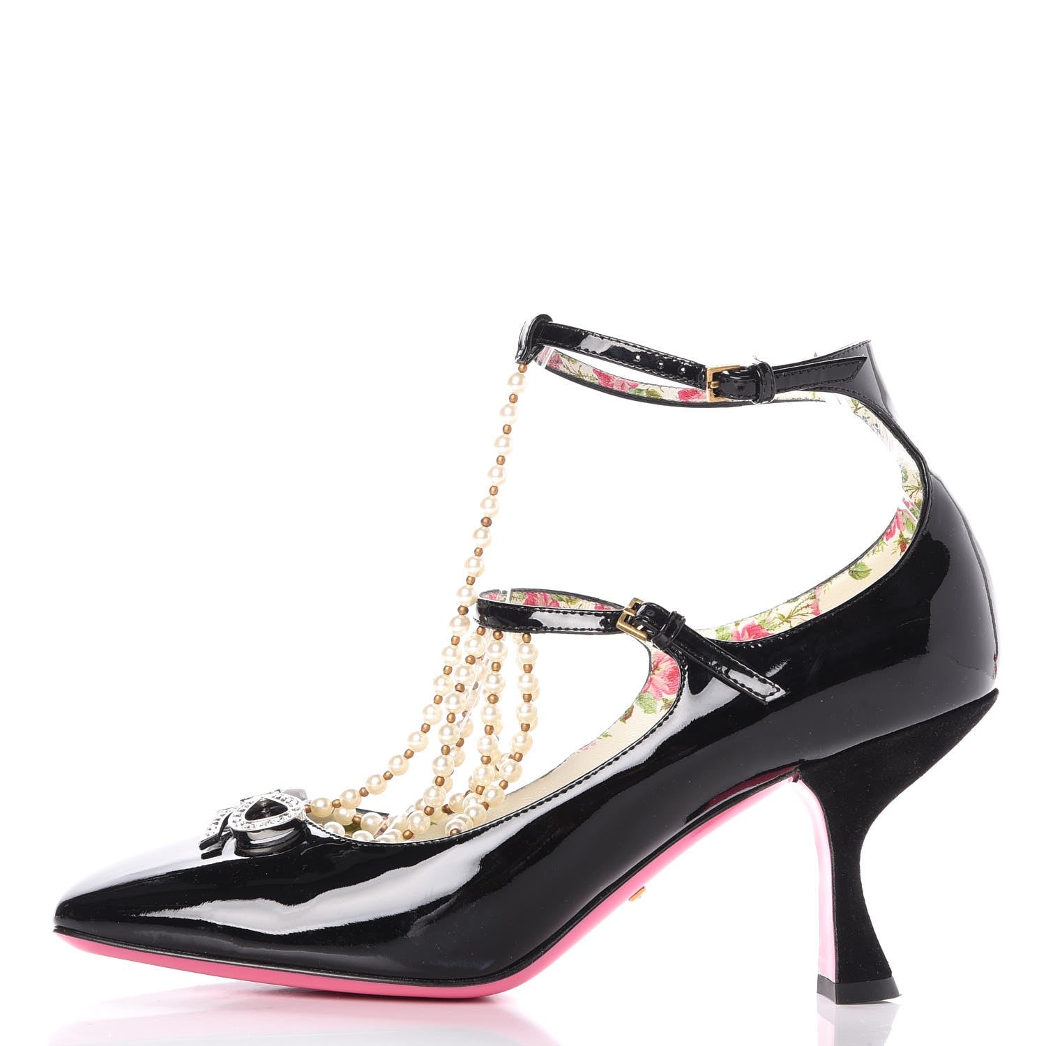 Gucci Patent Pearl Taide T-Strap Mid Heel Pumps 39 Black 1 of 10