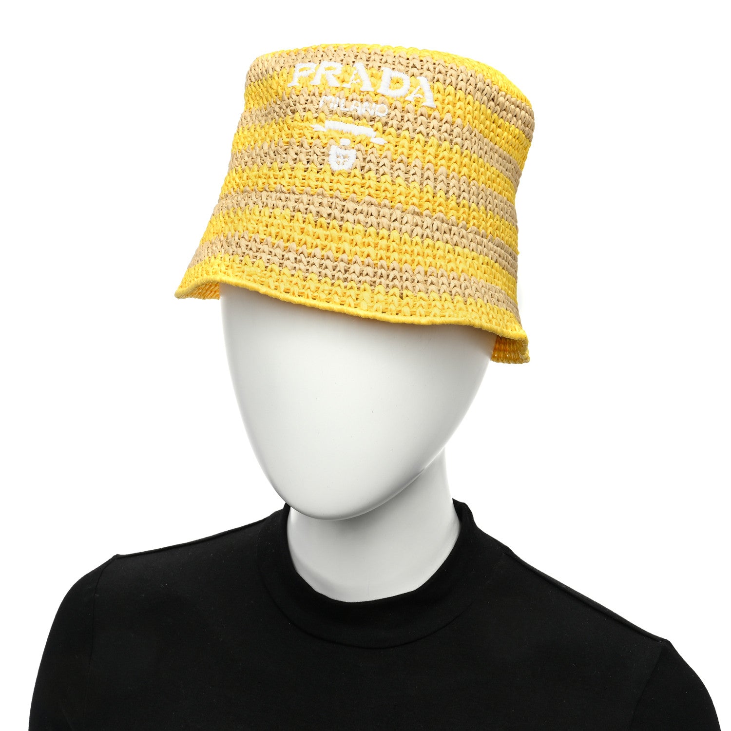 Prada Raffia Striped Logo Embroidered Womens Bucket Hat M Naturale Giallo 2 of 8