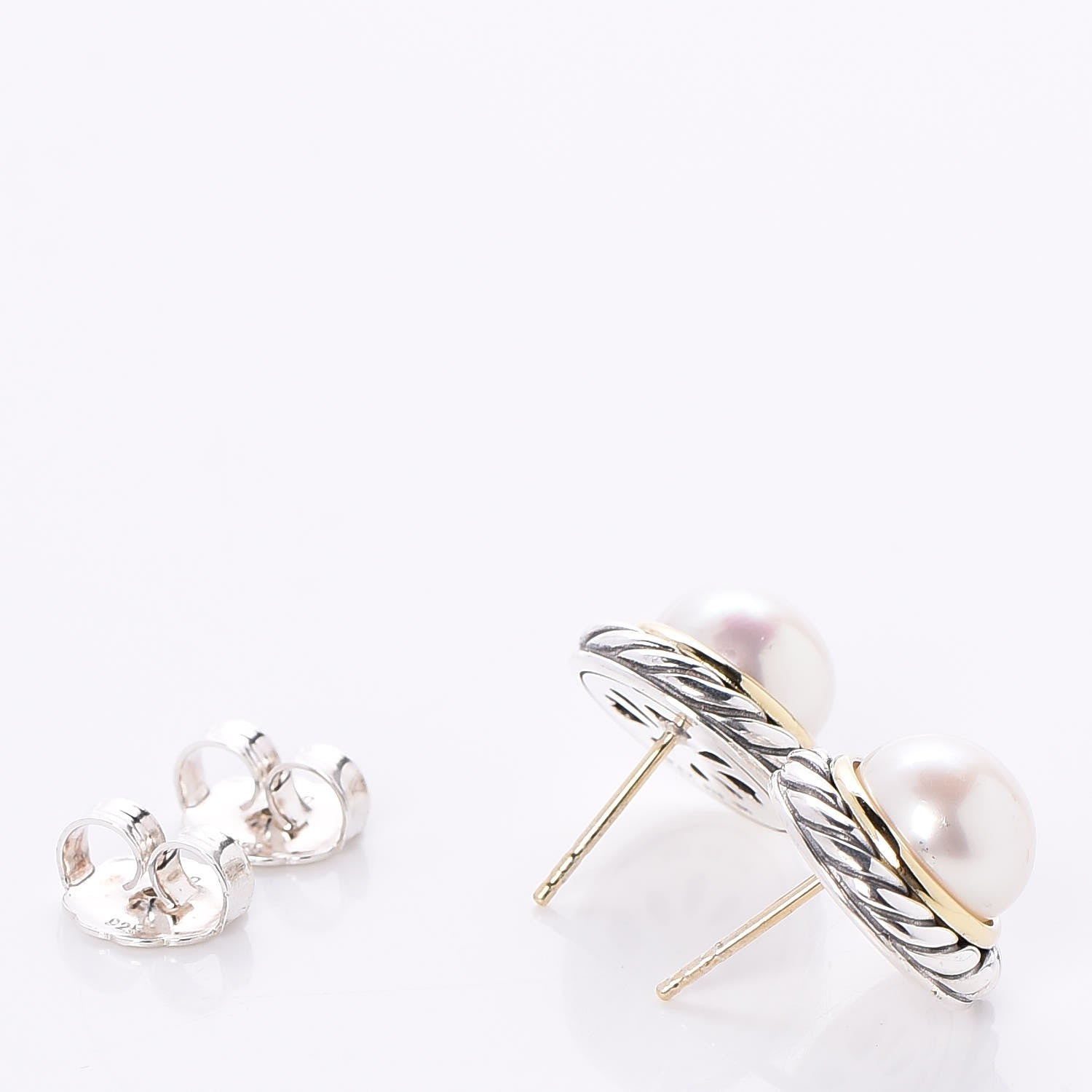 David Yurman Sterling Silver 18K Yellow Gold Pearl 10mm Cable Earrings 3 of 4