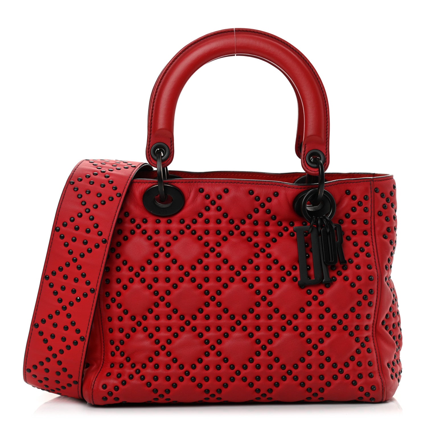 Christian Dior Lambskin Cannage Studded Medium Supple Lady Dior Red Black 1 of 17