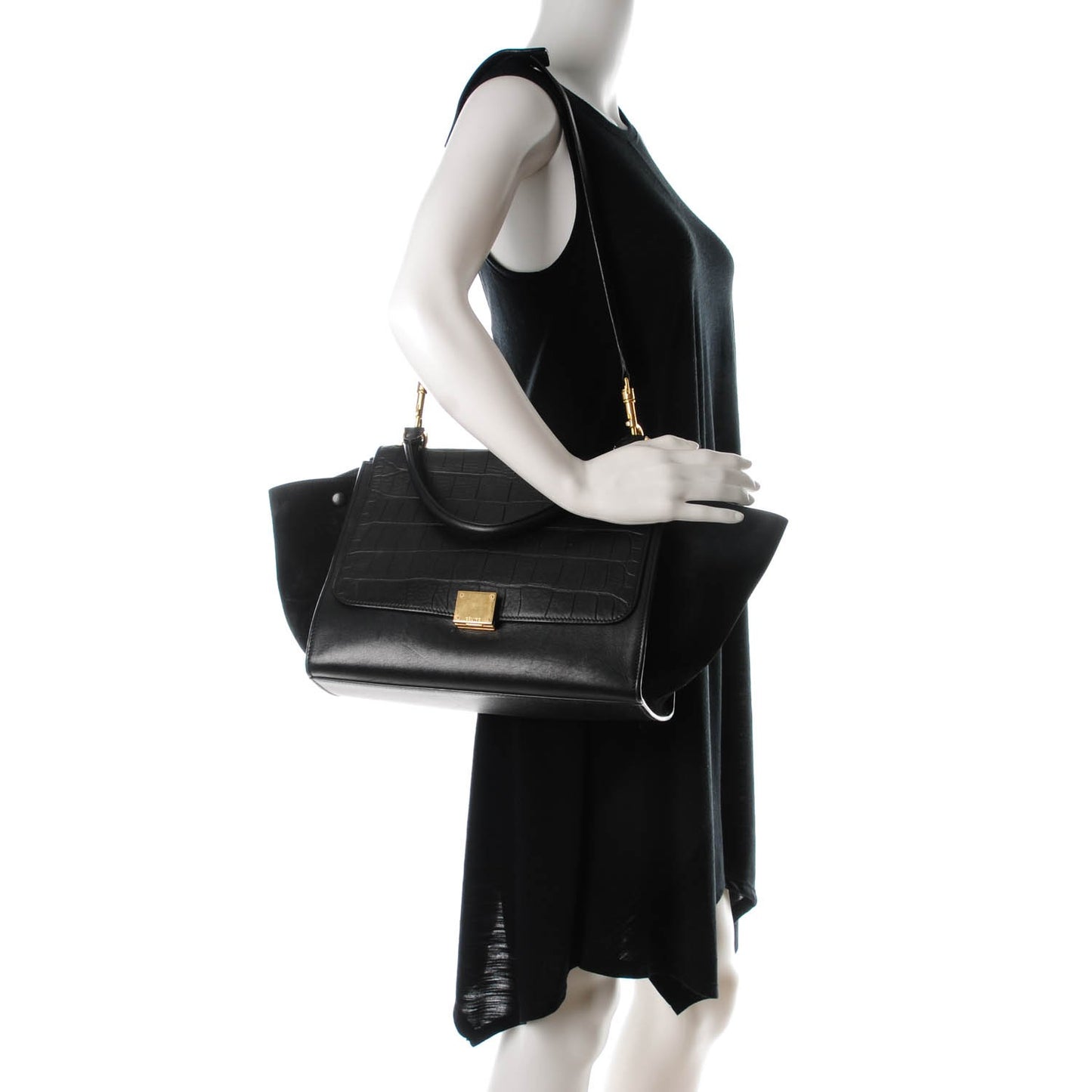 Crocodile Embossed Calfskin Suede Medium Trapeze Black