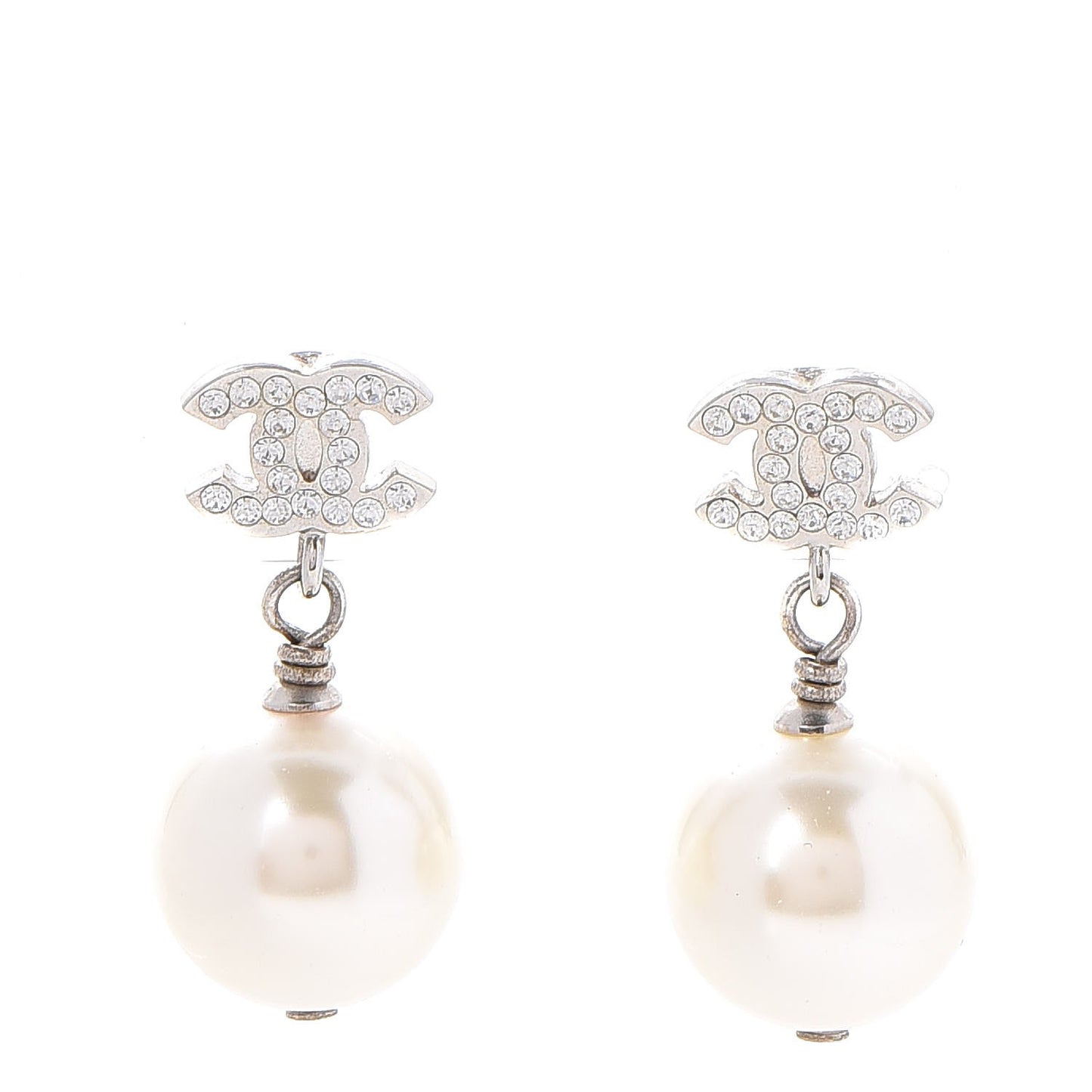 Crystal Pearl CC Drop Earrings Silver