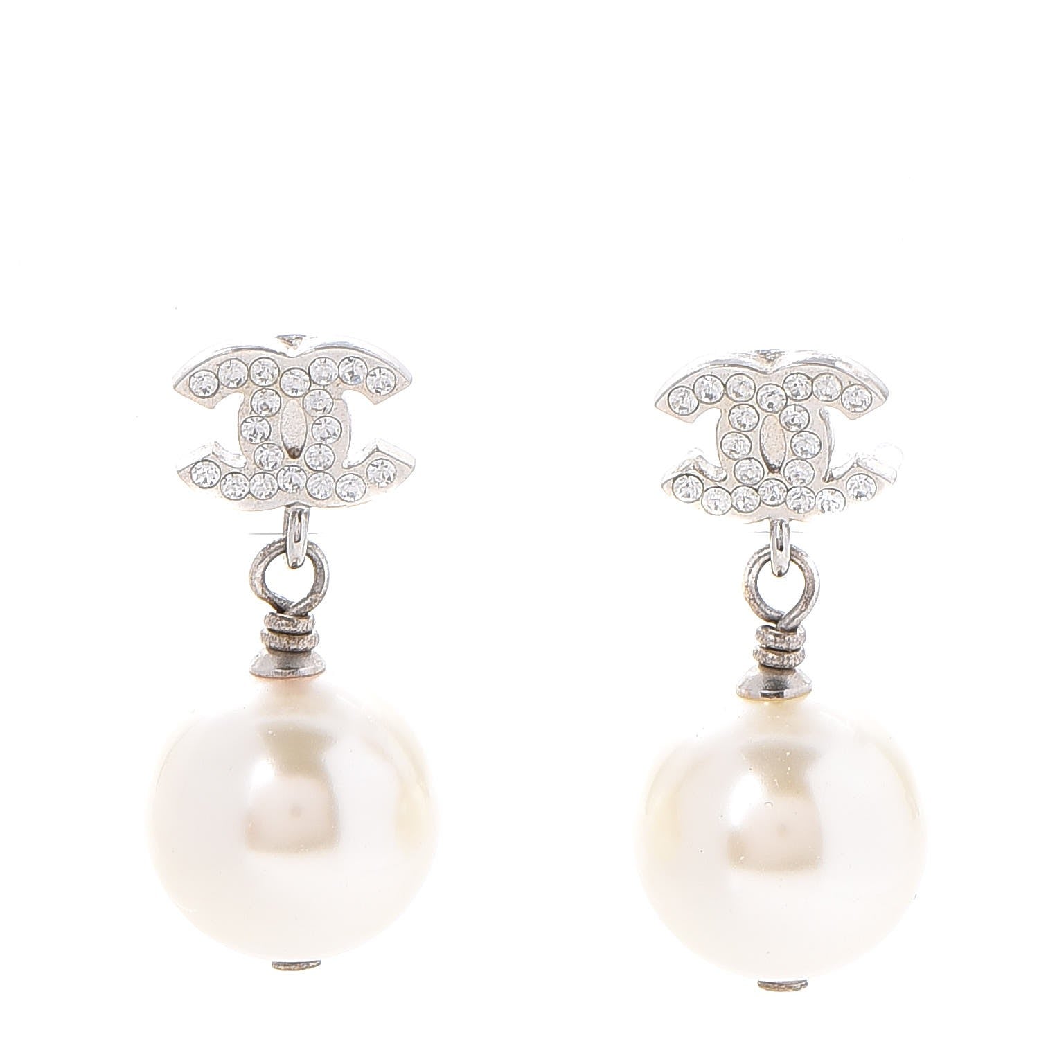 Chanel Crystal Pearl CC Drop Earrings Silver 1 of 5