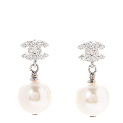 Chanel Crystal Pearl CC Drop Earrings Silver 1 of 5