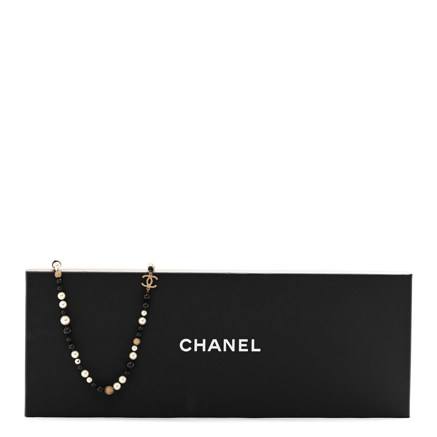 Metal Pearl Beaded Textured CC Long Necklace Gold Black White