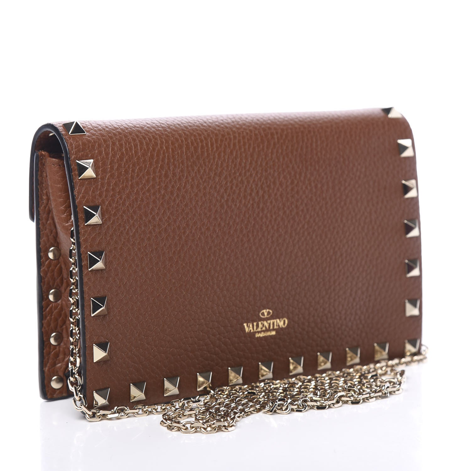 Valentino Garavani Pebbled Calfskin Rockstud Envelope Wallet on Chain Bright Cognac 2 of 8