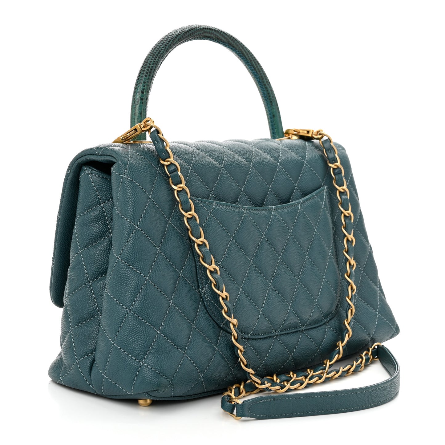 Caviar Lizard Quilted Small Coco Handle Flap Dark Turquoise