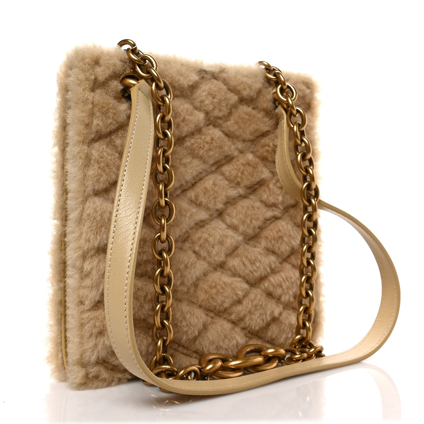 Shearling Quilted Le Maillon Square Crossbody Bag Natural
